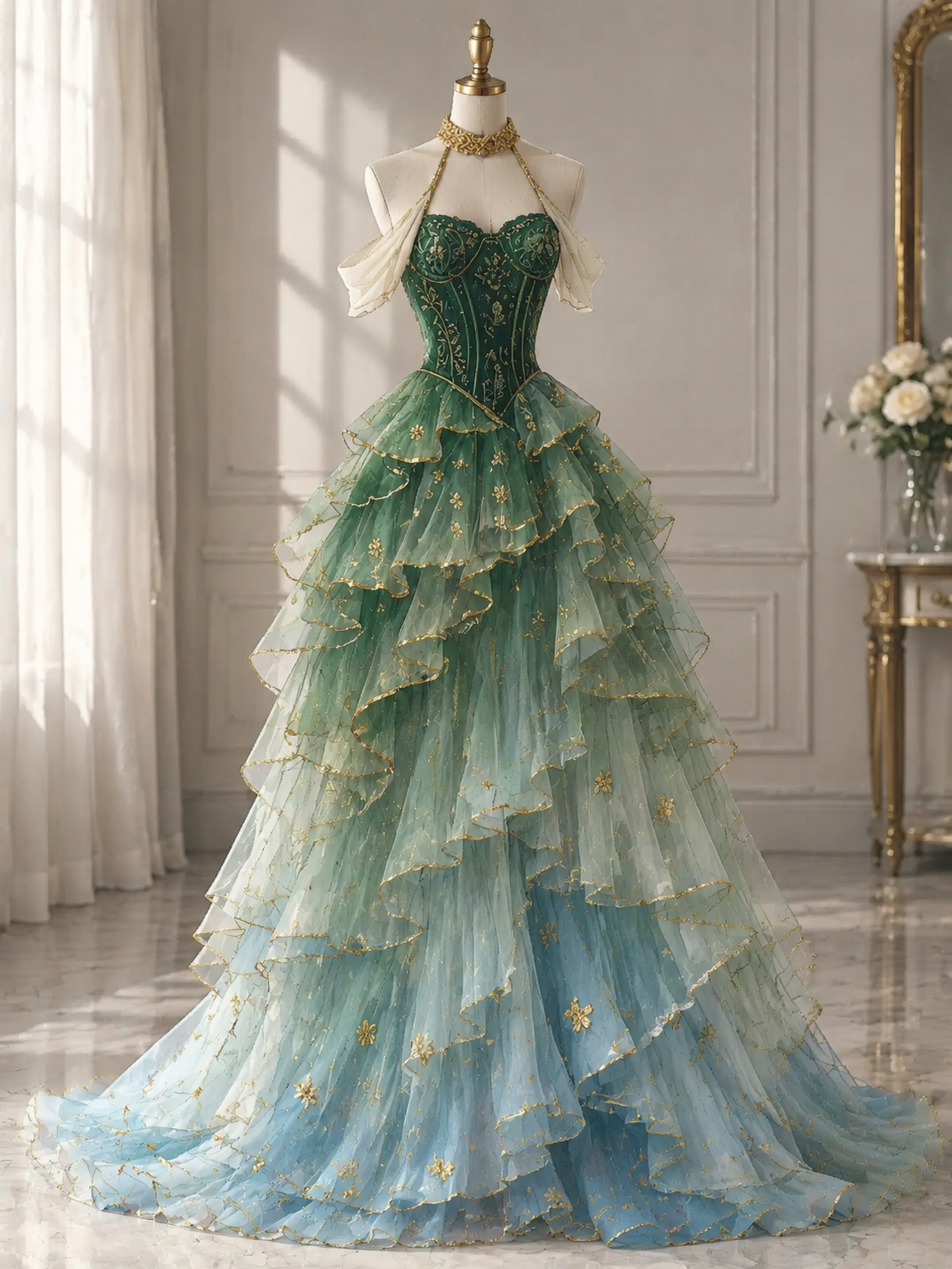 Chic Straps A-Line Tulle Long Evening Dress Green Prom Dress DP08012
