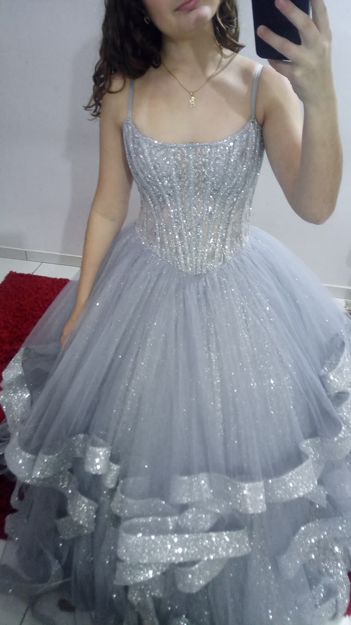 Chic Straps A-Line Tulle Long Evening Dress Ice Blue Prom Dress DP08022