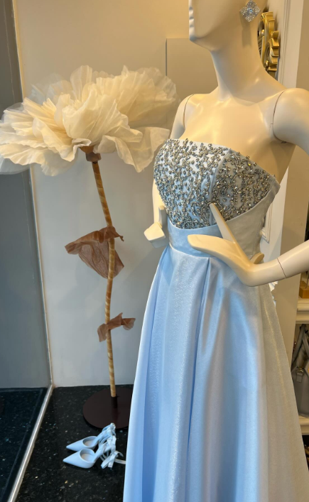 Schönes langes Abendkleid aus Satin in A-Linie, blaues Ballkleid DP08035