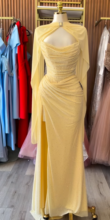 Pretty Sheath Chiffon Long Evening Dress Yellow Prom Dress DP08037