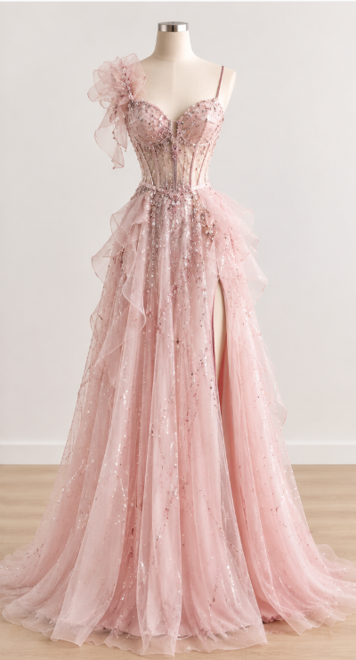 Cute Sheath Beaded Chiffon Long Evening Dress Pink Prom Dress DP08041