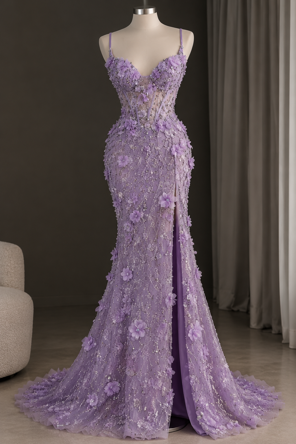 Schönes langes Abendkleid in Etui-Passform mit Tüllapplikationen, lavendelfarbenes Ballkleid DP08048