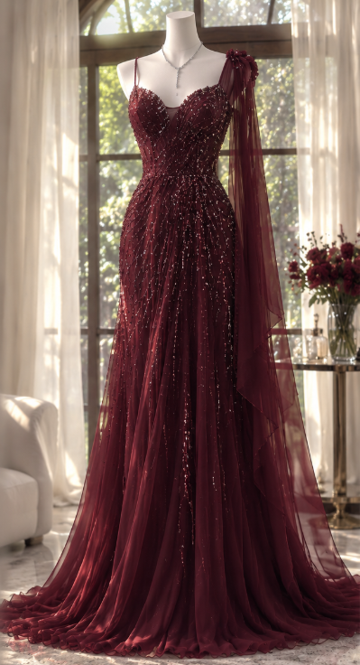 Vintage Sheath Chiffon Beaded Long Evening Dress Burgundy Prom Dress DP08063