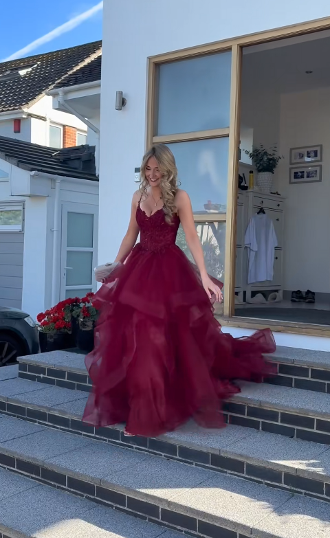 Pretty A-line Tulle Long Evening Dress Red Prom Dress DP08070