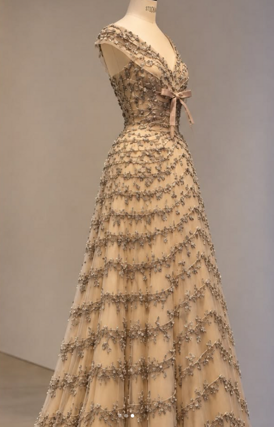 Gorgeous A-Line Tulle Beaded Long Evening Dress Champagne Prom Dress DP08087-1