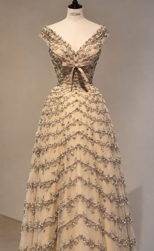 Gorgeous A-Line Tulle Beaded Long Evening Dress Champagne Prom Dress DP08087-1