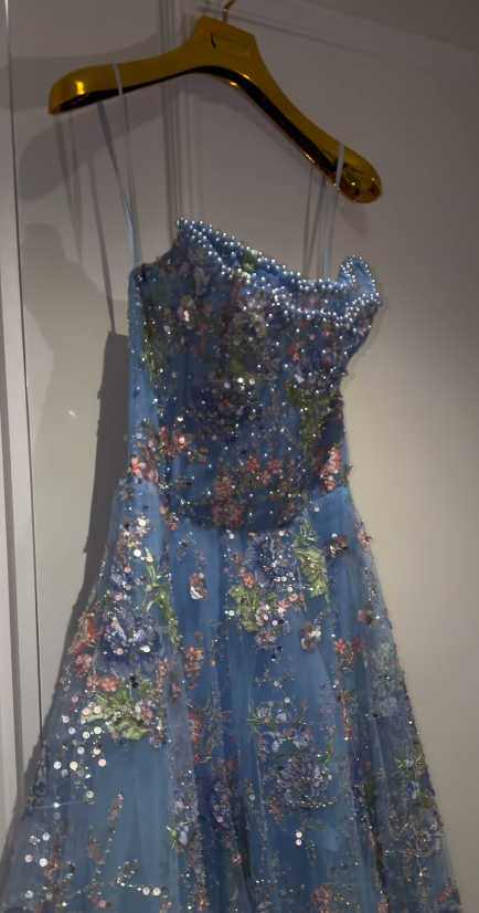 Fairy A-Line Beaded Tulle Long Evening Dress Blue Prom Dress DP08090