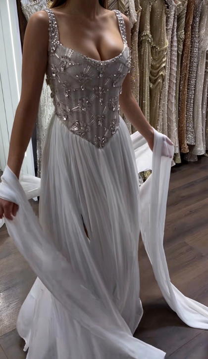 Pretty White Prom Dress Sheath Chiffon Long Evening Dress DP08104