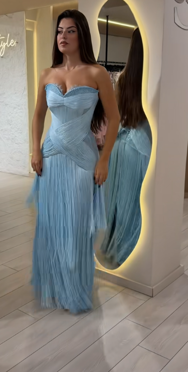 Pretty Blue Prom Dress Sheath Tassle Long Evening Dress DP08117