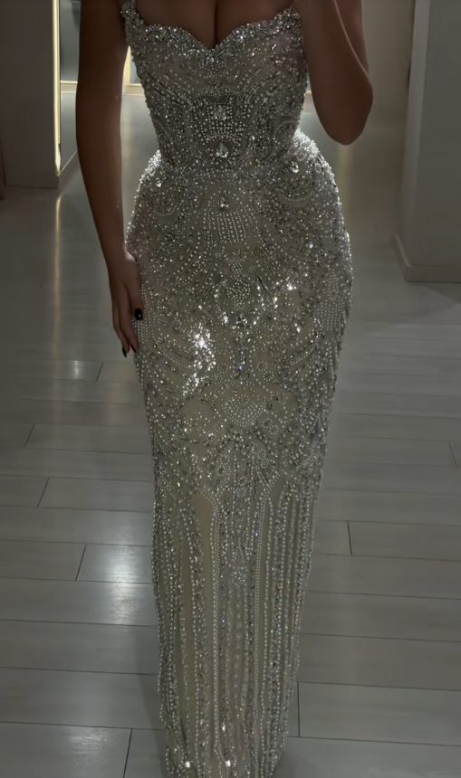 Pretty ChampagneProm Dress Sheath Tulle Beaded Long Evening Dress DP08119