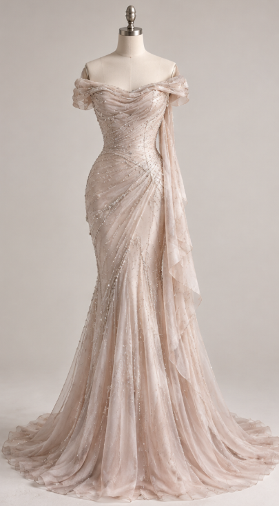 Pretty Sheath Beaded Chiffon Long Evening Dress Nude Pink Prom Dress DP08140
