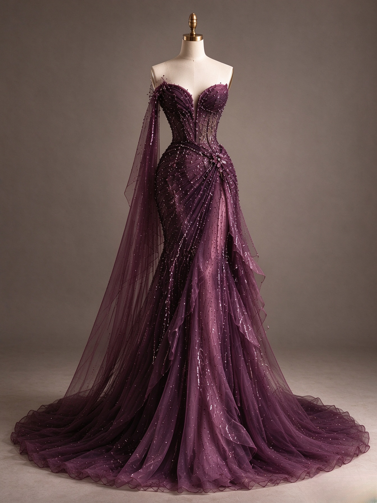 Pretty Sheath Beaded Chiffon Long Evening Dress Deep Purple Prom Dress DP08141