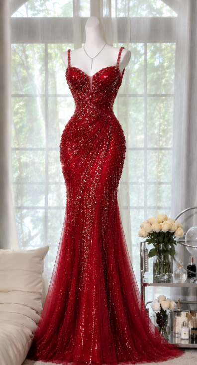 Pretty Sheath Beaded Chiffon Long Evening Dress Red Prom Dress DP08145