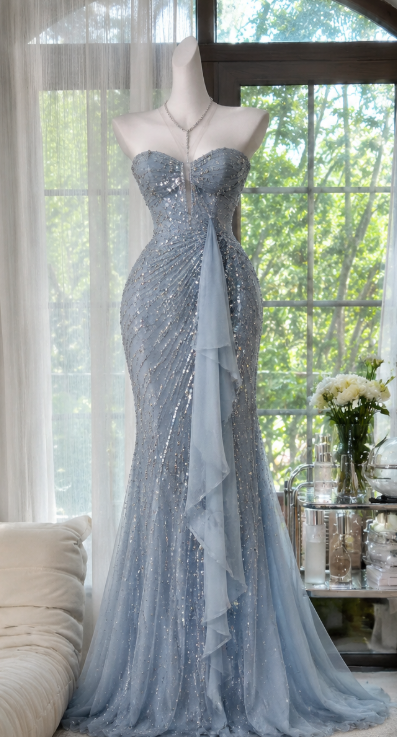 Schönes figurbetontes langes Abendkleid aus Chiffon mit Perlenbesatz, blassblaues Ballkleid DP08147