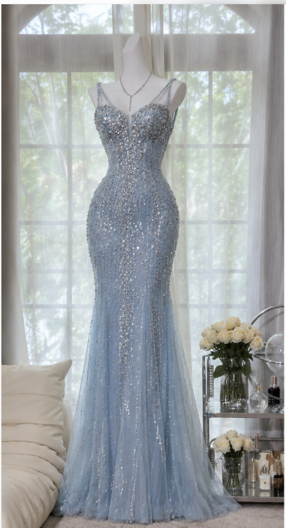 Pretty Sheath Sequins Chiffon Long Evening Dress Light Blue Prom Dress DP08150