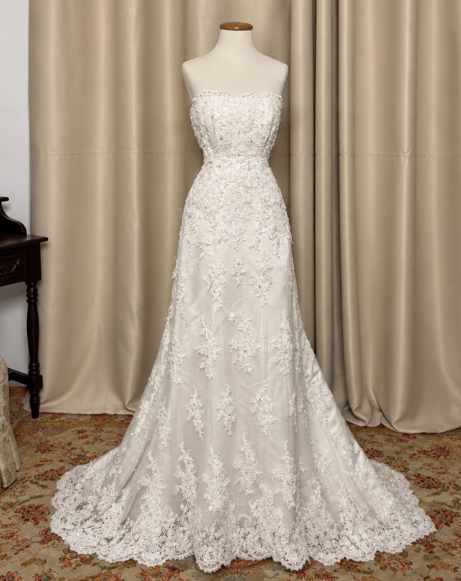 Schlichtes weißes Brautkleid, trägerlos, A-Linie, Spitze, langes Hochzeitskleid DP08184