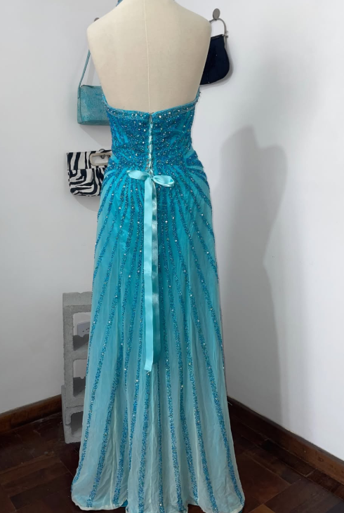 Elegant Blue Prom Dress Sheath Sequins Chiffon Long Evening Dress DP08212