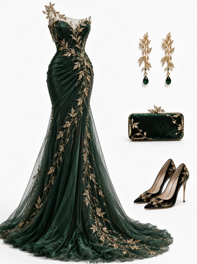 Elegant Dark Green Prom Dress Sheath Tulle Appliques Long Evening Dress DP08214