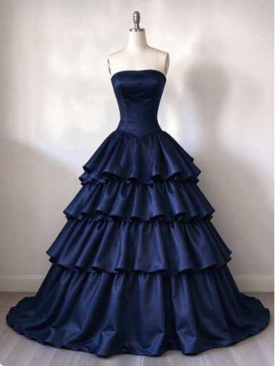 Chic Navy Blue Prom Dress A-Line Satin Long Evening Dress DP08235