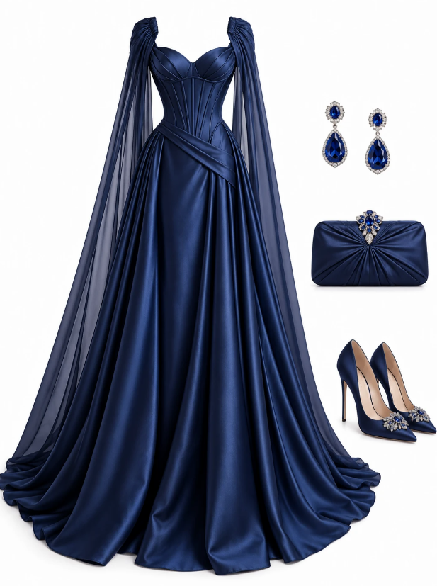 Schickes marineblaues, langes A-Linien-Abendkleid aus Satin DP08238