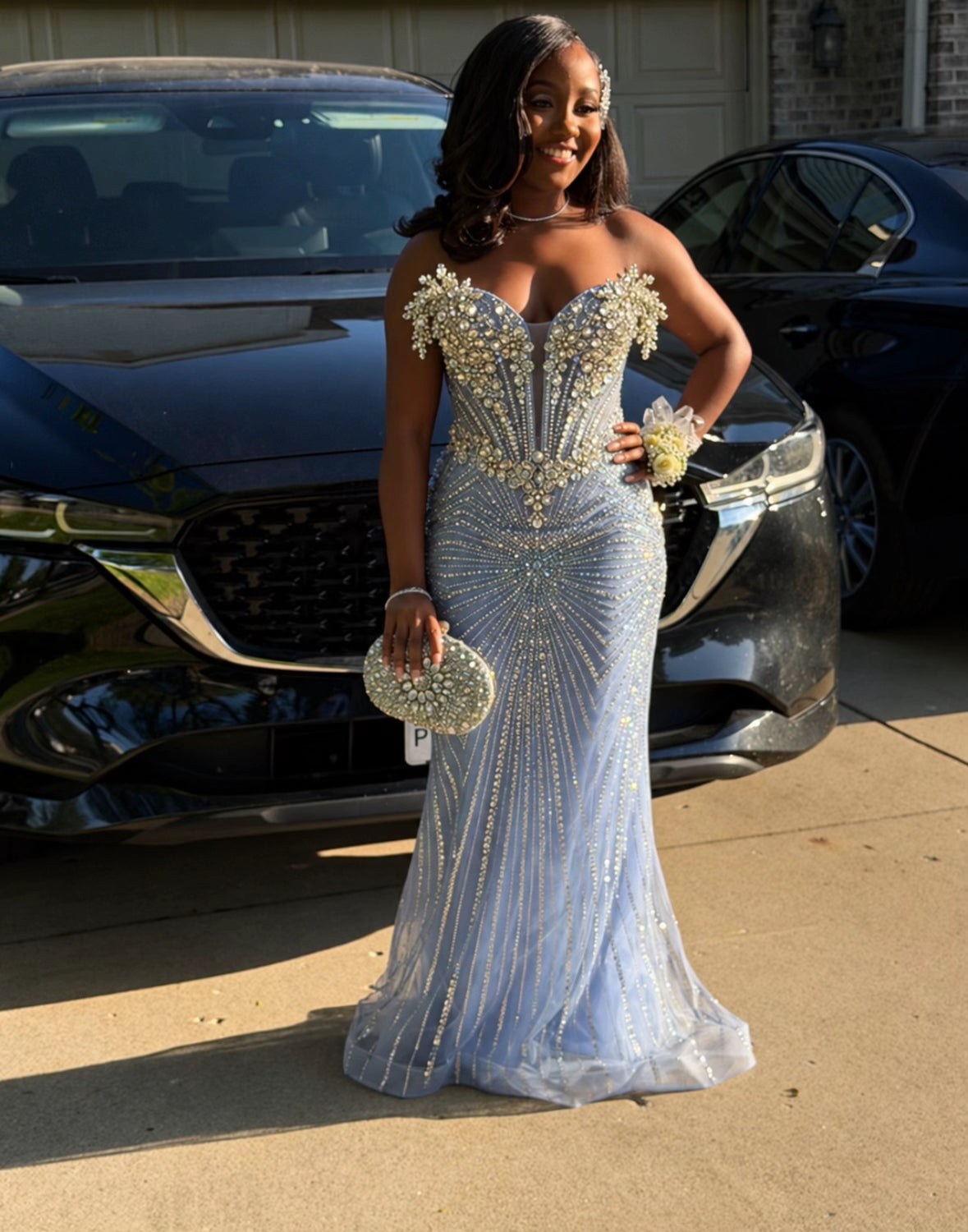 Gorgeous Blue Prom Dress Sheath Tulle Beaded Long Evening Dress DP08242