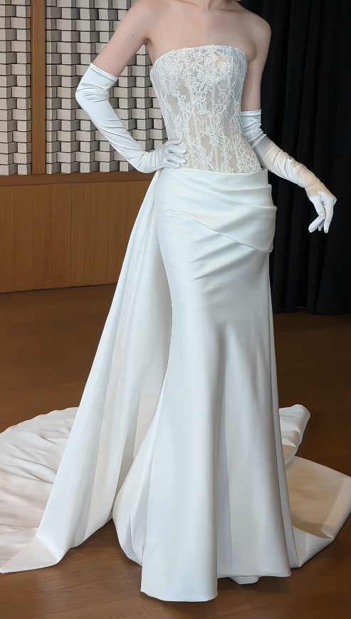 Glam White Bridal Gown Sheath Satin Long Wedding Dress DP08254