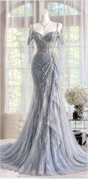 Pretty Blue Prom Dress Sheath Beaded Chiffon Long Evening Dress DP08283