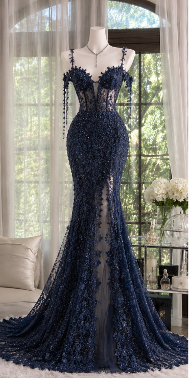 Pretty Navy Blue Prom Dress Sheath Beaded Chiffon Long Evening Dress DP08285