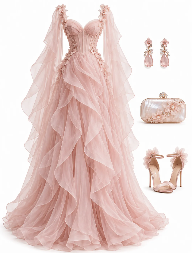Jolie robe de bal rose, robe de soirée longue en tulle coupe trapèze DP08292
