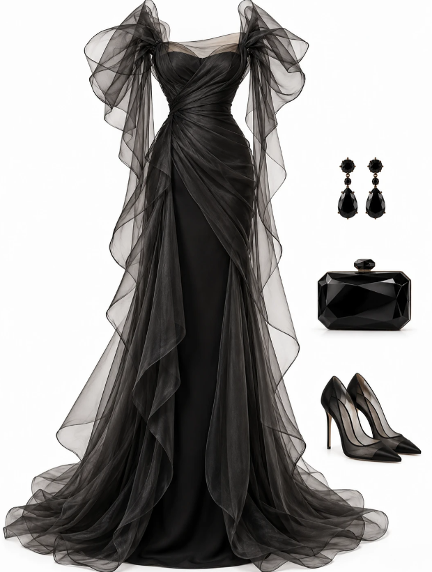 Pretty Black Prom Dress Sheath Tulle Long Evening Dress DP08295