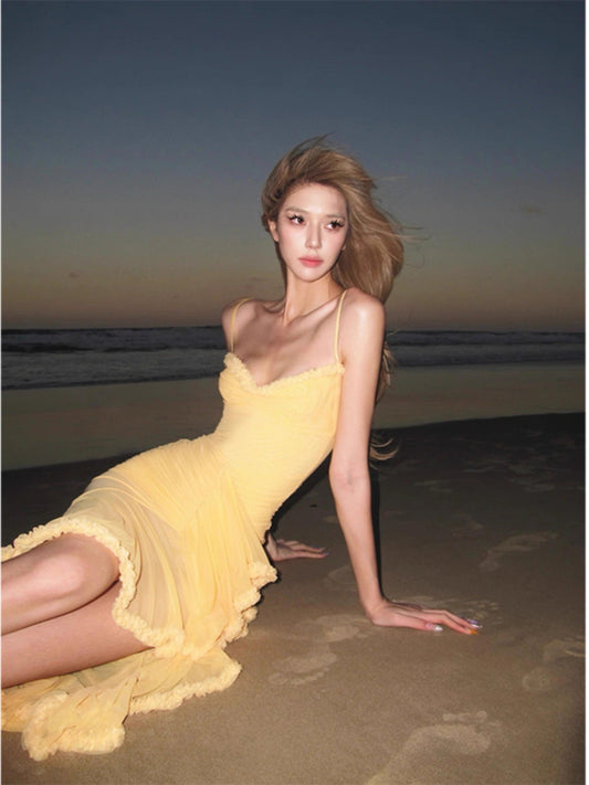 Sexy High Low Spaghetti Straps Yellow Long Birthday Dress Prom Dress Baddie Summer Birthday Outfit DP1024
