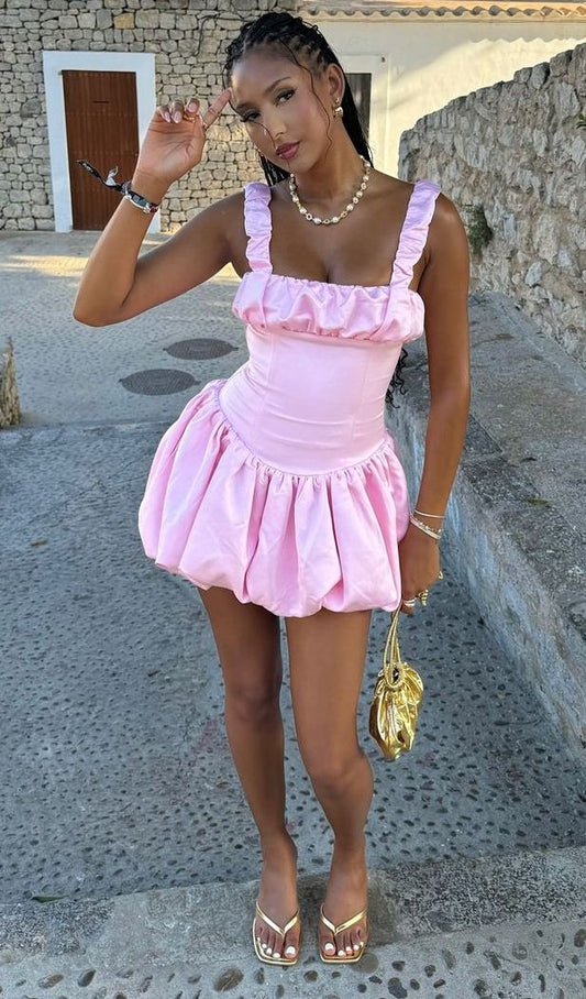 Sexy A-Linie Quadratischer Ausschnitt Rosa Satin Kurzes Sommer-Geburtstagskleid Hoco Kleid Geburtstagsoutfit 18. Geburtstag Mini-Partykleider DP1158