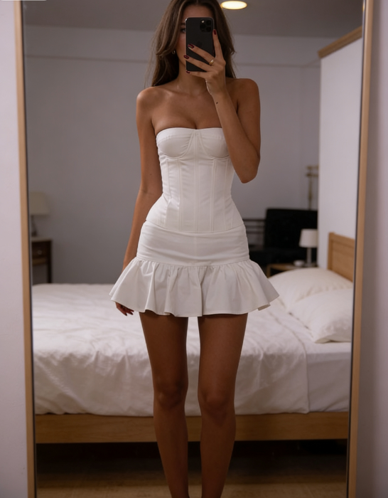 Hübsches Etuikleid, trägerlos, Satin, Sommer-Geburtstagskleid, Hoco-Kleid, Geburtstags-Outfit, 19. Geburtstag, Mini-Cocktailkleider, DP1226
