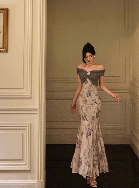 Edles Meerjungfrauen-Kleid mit schulterfreiem, floralem Muster, langes Partykleid zum 18. Geburtstag, Outfits zum 21. Geburtstag, Geburtstagskleid-Ideen für Frauen, DP1304