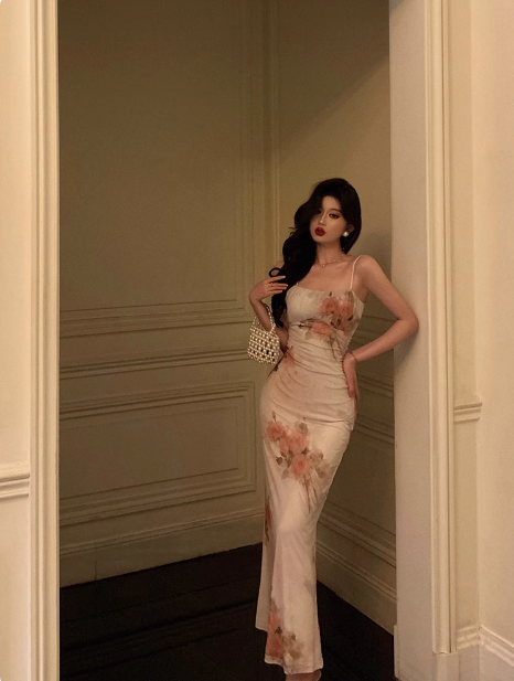 Edle Meerjungfrau Spaghettiträger Blumen Chiffon Langes Kleid zum 18. Geburtstag Partykleid 21. Geburtstag Outfits Geburtstagskleid Ideen für Frauen DP1309