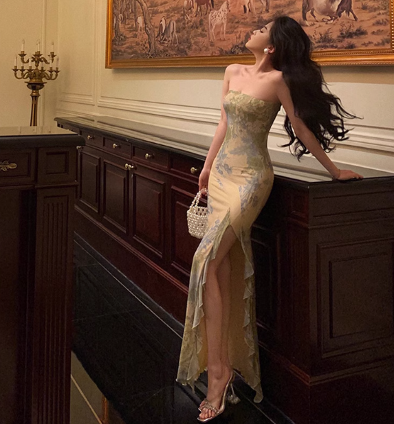 Elegantes Meerjungfrauen-Kleid, trägerlos, grün, geblümt, ärmellos, 21. Geburtstagskleid, Partykleid, Geburtstags-Outfits, Geburtstagskleid-Ideen für Frauen, DP1383