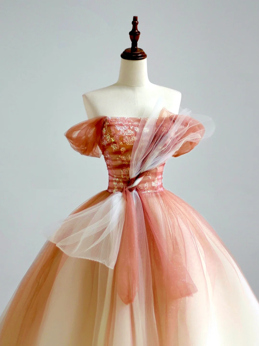Elegant Glamour Ball Gown Off The Shoulder Pink Tulle Prom Dress Party Dress Long Evening Dresses DP1515