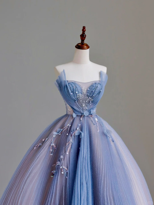 Elegant Glamour A line Strapless Blue Tulle Long Prom Dresses Party Dress Evening Dress DP1524