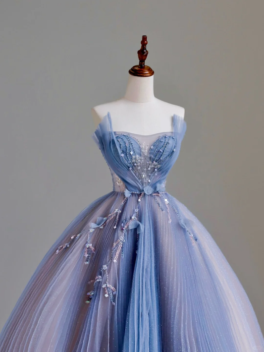 Elegant Glamour A line Strapless Blue Tulle Long Prom Dresses Party Dress Evening Dress DP1529