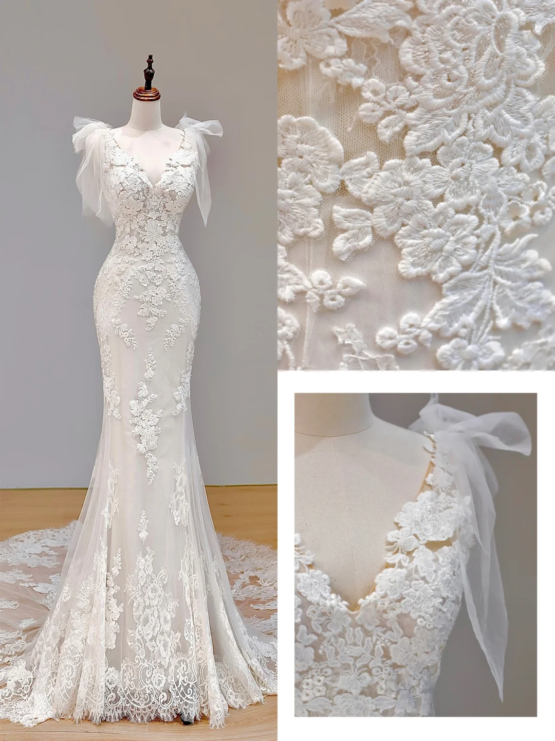 Romantisches Brautkleid Meerjungfrau V-Ausschnitt Spitze Weiße Brautkleider Minimalistische Brautkleider DP1573