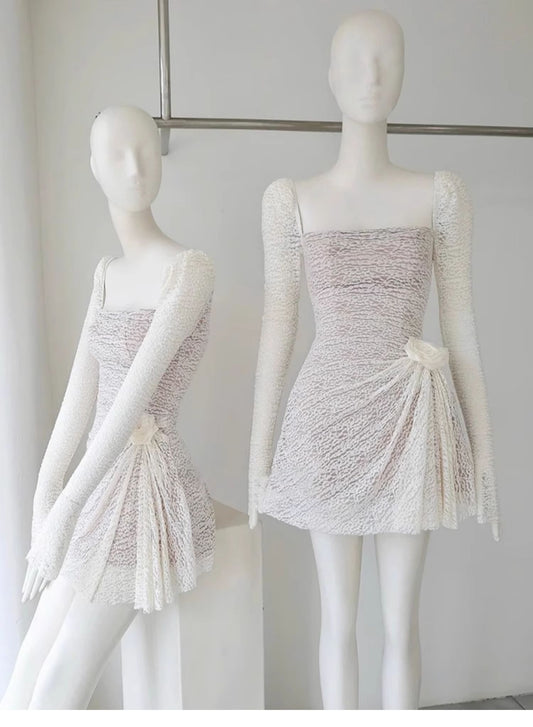 Cute A line Square Lace White Summer Homecoming Dress Hoco Dress Mini 20th Birthday Outfit Cocktail Dresses DP1750