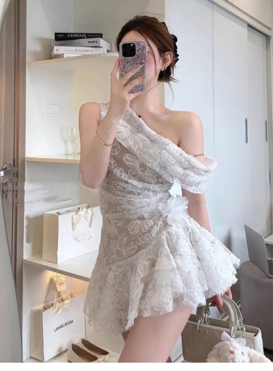 Simple A line One Shoulder White Floral Lace Short Homecoming Dress Summer Hoco Dresses Cocktail Dress D1768