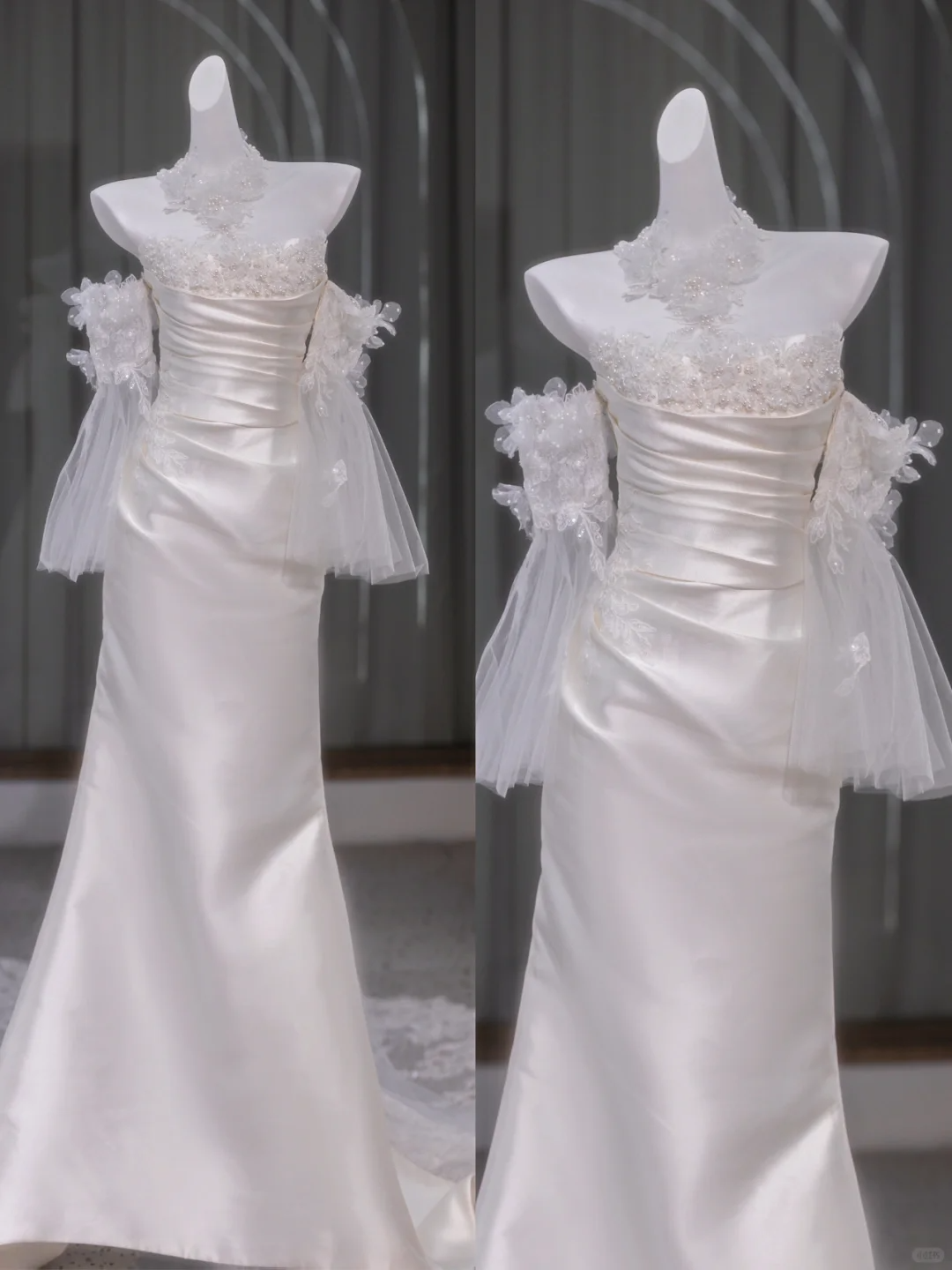Retro Brautkleid Meerjungfrau trägerlos lang Satin weiß Blumen Brautkleider Brautkleider DP1852