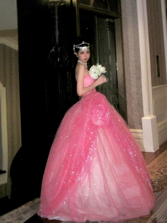 Schlichtes Ballkleid, trägerlos, rosa Tüll, langes Ballkleid, Partykleid, Abschlusskleider, Sweet 16-Kleid, DP1864