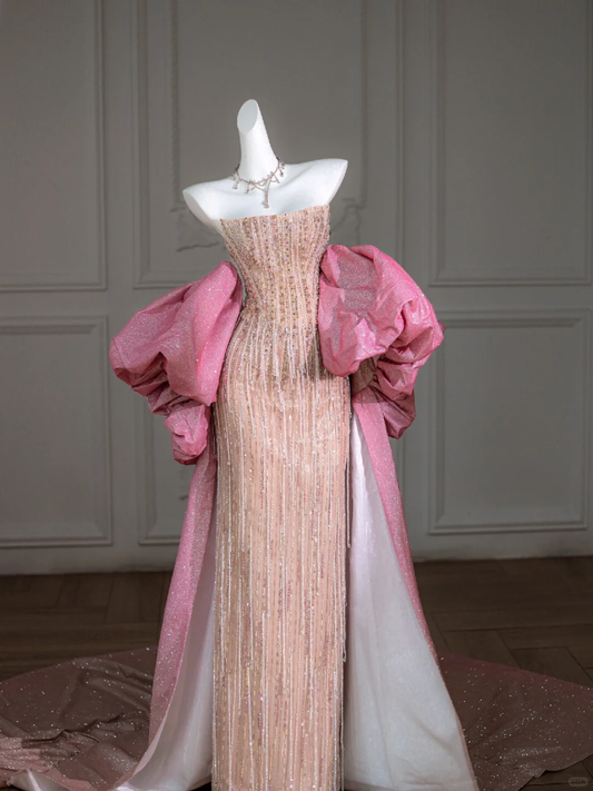 Hübsche Meerjungfrau trägerlose Pailletten Perlen Champagner langes Abendkleid Partykleid Abschlusskleider mit Cape DP2003