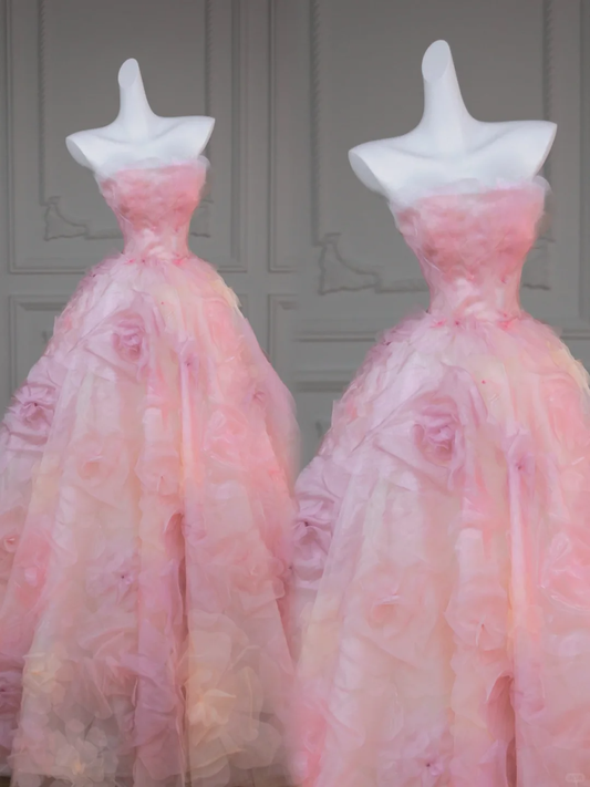 Wunderschönes Ballkleid, trägerlos, hellrosa, geblümtes Tüll, langes Ballkleid, Partykleid, Abschlusskleider DP1971