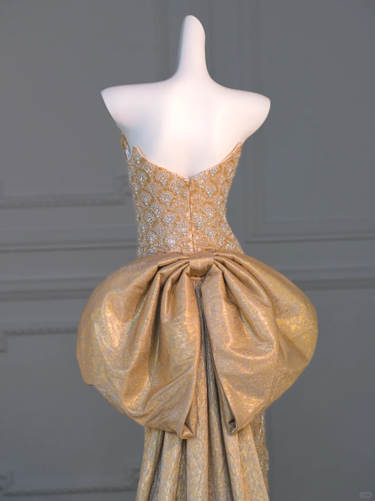 Wunderschöne Meerjungfrau Schatz Gold Pailletten Langes Ballkleid Partykleid Abschlusskleider Mit Schleife DP1985