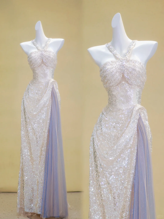 Wunderschöne Meerjungfrau Neckholder Silber Pailletten Schlitz Langes Ballkleid Partykleid Abschlusskleider DP2002