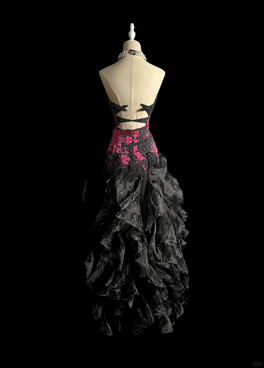 Vintage Ball Gown Halter Black Beaded Long Prom Dress Party Dress Graduation Dresses Evening Gowns DP2042