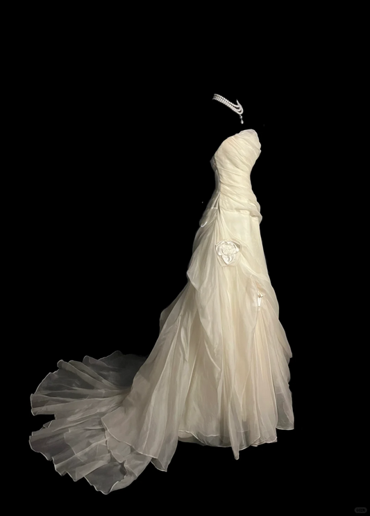 Retro Brautkleid Meerjungfrau Trägerlos Elfenbein Chiffon Lange Brautkleider Retro 1970er Brautkleider DP2053